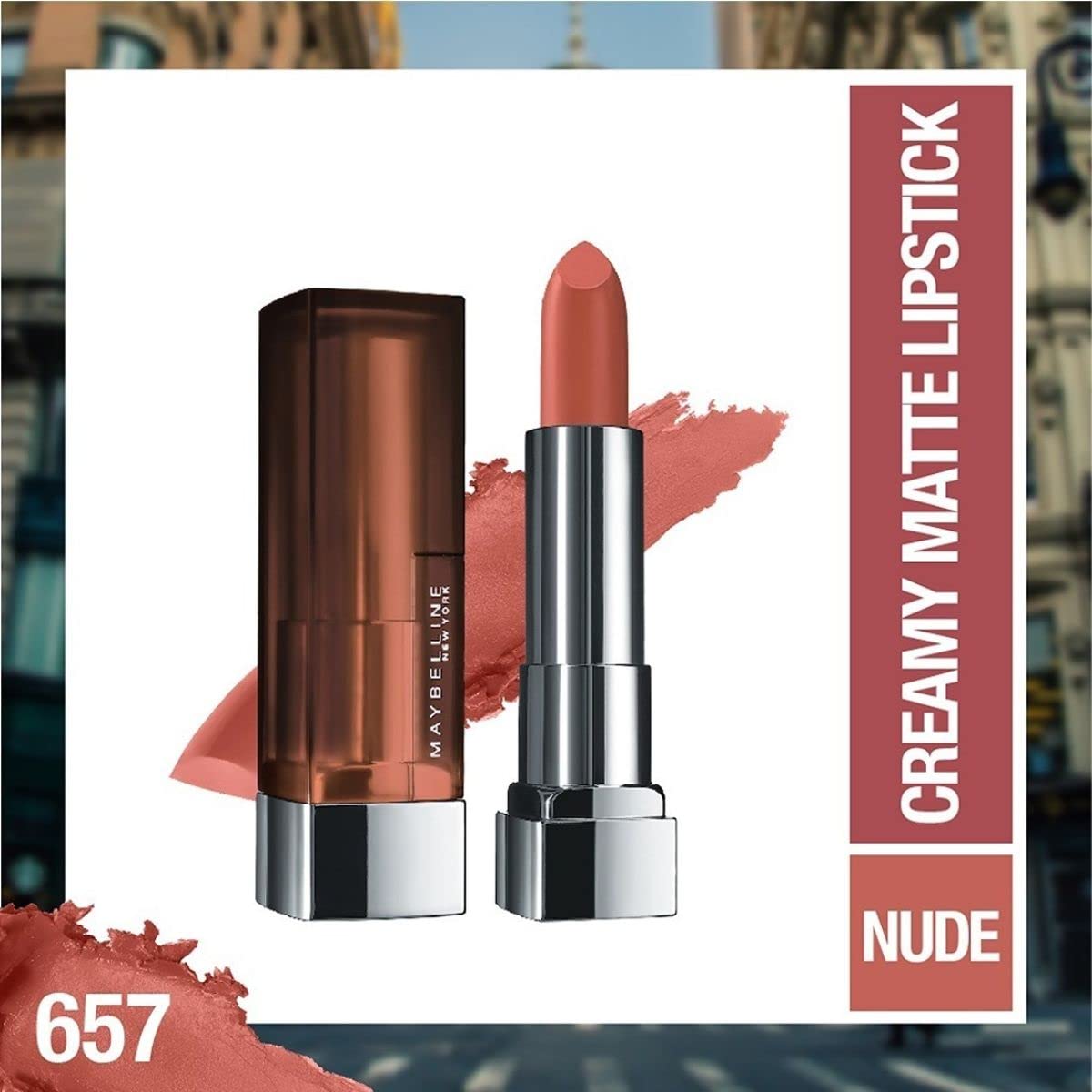 Maybelline New York Matte Lipstick, Intense Colour, Keeps Lips Moisturised, 657 Nude Nuance, Color Sensational Creamy Matte Lipstick, 3.9g